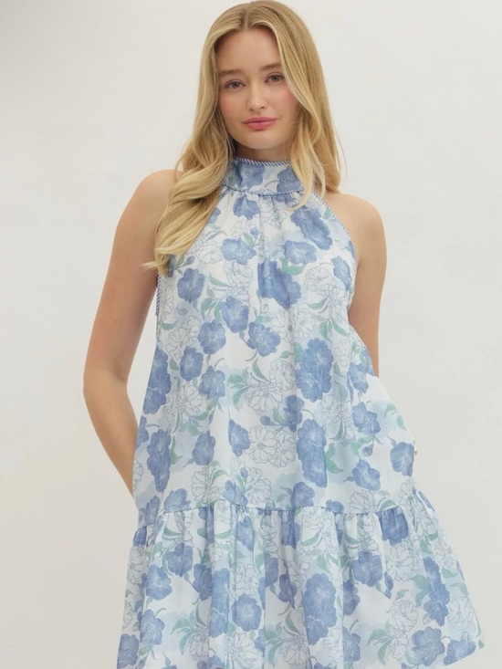 Dresses & Skirts - Floral Halter Tiered Sundress in Blue and White